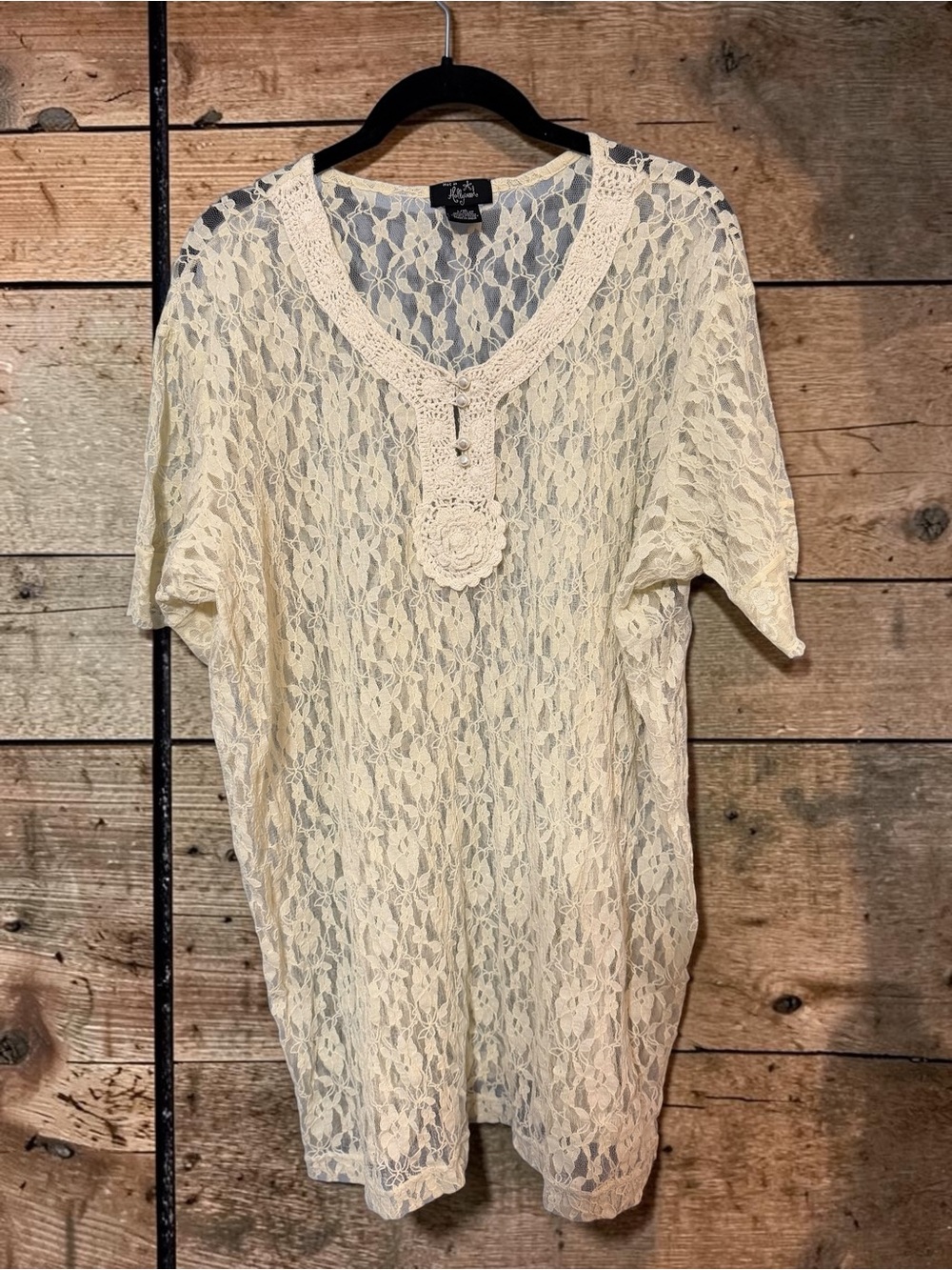 Hot in Hollywood Sheer Cream Lace Tunic Crochet Pearl Placket Boho Coastal L XL